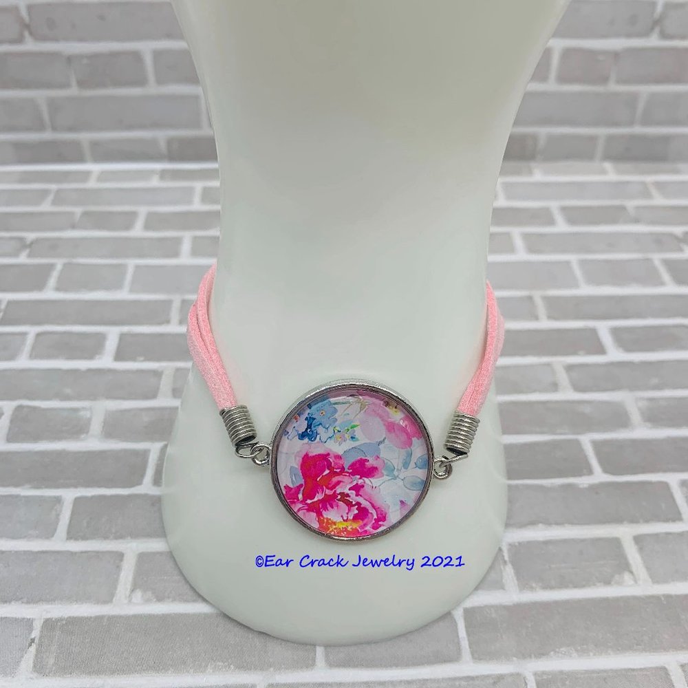 Handmade - Watercolor Floral Light Pink Adjustable Leather Bracelet